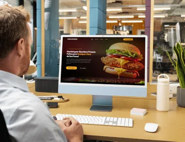 Pessoa sentada à mesa de escritório vendo em um iMac a home de uma hamburgueria